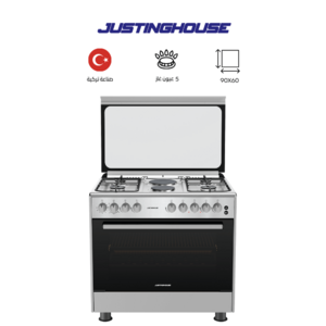 جستنج هاوس فرن غاز تركي - 4 عيون غاز + 2 عين كهرباء - 90*60 سم - صناعه تركية من JUSTINGHOUSE مع اضأءه داخلية للفرن و صمام أمان - JSFF9091